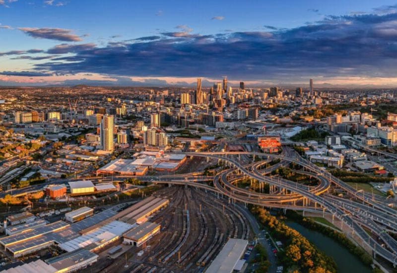 Brisbane city business district and suburbs panorama at sunset